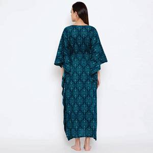 100% coton coupe confortable décolleté façonné avec passepoil et poches caftan bleu marine imprimé - Product Image 5