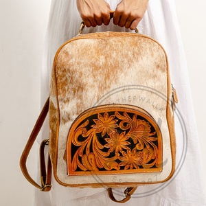 LW Stylish Hot Fashion Hand Tooled Cowhide Fur Leather <b>Backpack</b> Carving Design Water Resistant Magnetic Buckle Closure Summer - Product Image 3