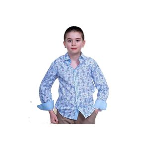 เสื้อเด็กผ้าทอแขนยาวลายผ้าคลุมไหล่สีฟ้าอ่อนติดกระดุม - Product Image 1
