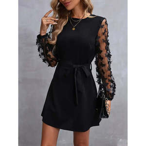 Robe à manches longues pour femme, col rond, avec manches en tulle et détail papillon, robe en crêpe importée, 36560 - Noir - Product Image 3