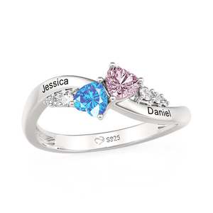 Bague personnalisée Jeulia à double cœur avec pierre de naissance et gravure, plaquée rhodium ou or rose - Product Image 2