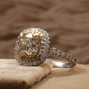 Yellow Cushion Cut Lab Grown Diamond Double Halo Prong <b>Set</b> Engagement <b>Ring</b> for <b>Women</b> - Product Image 2