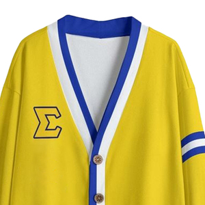 Cárdigan de estilo universitario tejido Sigma Gama Rho Sorority chaqueta amarillo azul rayas emblema cuello en V botón Decoración - Product Image 6