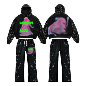 Pantalon évasé vintage surdimensionné en éponge française avec strass et sweat à capuche 2 pièces ensemble survêtement délavé à l'acide survêtement pour hommes - Product Image 1