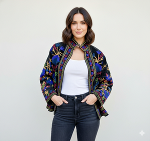 Veste en velours brodée à la main avec un motif floral, style décontracté, idéale pour les soirées ou un usage quotidien - Product Image 1