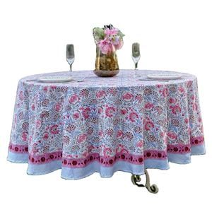 Mantel redondo rosa paloma azul y flamenco de gran venta, mantel de fiesta con estampado de bloques de la India, mantel de lino, decoración de mesa de comedor - Product Image 1