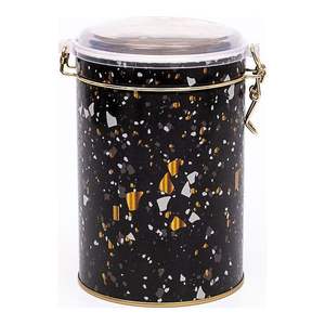1.1L Terrazzo <b>Black</b> round Metal <b>Box</b> 105x150mm with Wire Clasp and Transparent Lid <b>for</b> Kitchen <b>Storage</b> - Product Image 1