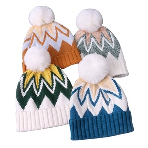 Winter Women's Custom <b>Wool</b> Ski Cap Mixed Color Knitted Stripe Pattern Faux Fur Pompon Cute Cuff <b>Beanie</b> for Performance Cycling - Product Image 1