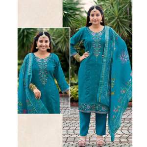 Elegante Conjunto Kurti con Bordado Vetican Hecho a Mano, Pantalón de Lilen Jacquard, Dupatta Digital Reversible de Secado Rápido, Sin Arrugas, para Todas las Estaciones - Product Image 2