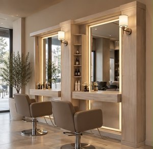 Station de salon portable moderne en verre avec miroir éclairé, étagères de rangement et design réglable pour usage commercial - Product Image 4
