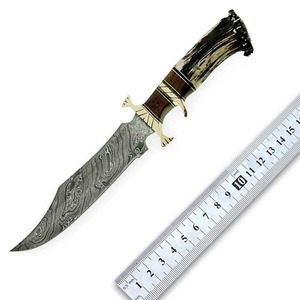 Damascus Steel Drop Point Hunting <b>Knife</b> With Wood Handle And Gold Guard - Product Image 2