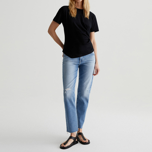 T-shirt à col rond asymétrique pour femmes en gros à manches courtes avec haut plissé T-shirts pour femmes de couleur personnalisée noire écologique - Product Image 2