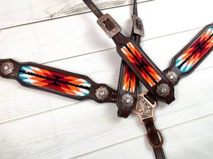 EquiElite Exports Orange Red Pattern Woven Inset Dark Leather Tack Set Western-Style Tooled Headstall Breast Collar Horse <b>Bridle</b> - Product Image 6