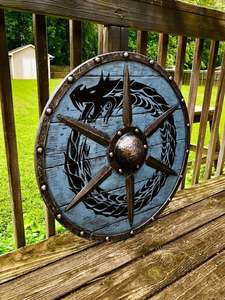 Bouclier Viking médiéval en bois et acier, armure ronde, bouclier temple Ouroboros, bouclier Viking de combat - Product Image 5