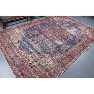 Tapis turc vintage, tapis de 6,9 x 10,6 pieds, tapis en laine patchwork rouge et bleu - Product Image 2