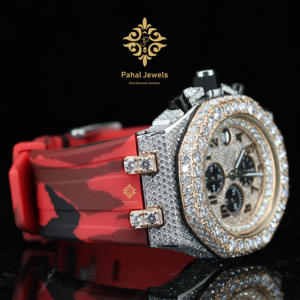 Montre mécanique de luxe pour homme bicolore, demi-sertie de diamants en moissanite, bracelet en caoutchouc rouge et noir, cadran avec date, style hip-hop - Product Image 4