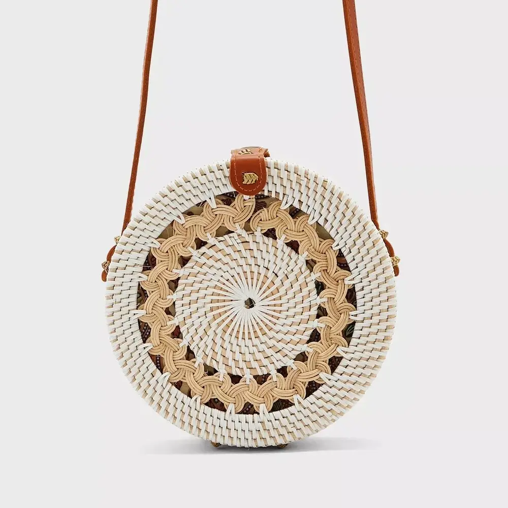 Women crossbody circle bag white rattan bags best manufacturer designer round wicker handbags with tassels
