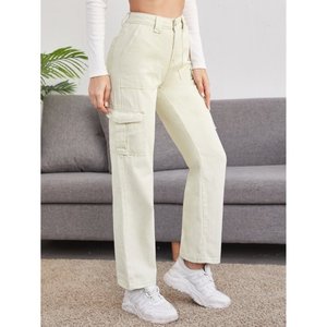 OSCA INTERNATIONAL Crème Y2K Écologique Durable 6 Poches Style Urbain Femme Taille Haute Coupe Droite Extensible Respirante Plissée - Product Image 1