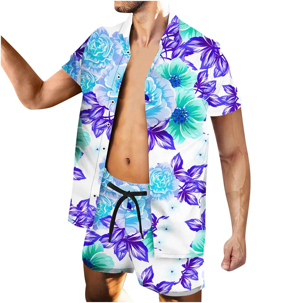 नए आगमन फैशन ग्रीष्मकालीन हवाईयन पुरुष ट्रैकसूट फ्लोरल शर्ट छोटी आस्तीन हार्बर ढीली ग्रीष्मकालीन शर्ट और शॉर्ट्स