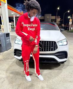 Chándales de lana apilados rojos personalizados de alta calidad para hombre, ropa de calle informal, conjunto de pantalones con capucha y cremallera en contraste, desteñido desgastado - Product Image 3