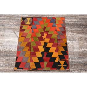 Orange Black Kilim <b>Rug</b> 2.1 X 2.5 ft <b>Boho</b> Style Patchwork Jute <b>Rug</b> Latex Backing Flat Weave Jacquard for Hallway Room Decor - Product Image 1