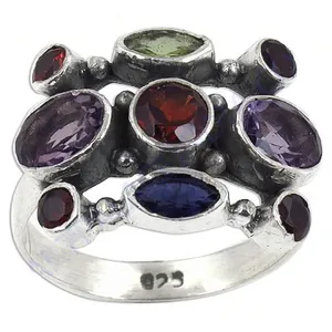 925 Sterling <b>Silver</b> Cluster <b>Ring</b> With Amethyst Garnet And Iolite Gemstones Bezel Set Bohemian Style Unisex Jewelry - Product Image 3