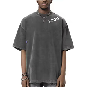 T-shirt de luxe pour hommes t-shirt personnalisé t-shirt en coton surdimensionné côtelé col rond t-shirt à épaules tombantes poids lourd 280gsm Style Streetwear - Product Image 2