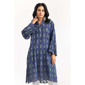 Chemise Jacquard Teinte Bleue pour Femme en Lin et Mousseline avec Logo Brodé et Dentelle, Tailles XL à 4XL, Vêtement Long pour Printemps Automne Y2K - Product Image 1