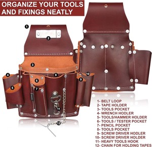Hot Selling Heavy Duty Grain <b>Leather</b> Electrician <b>Tool</b> Pouch | 9-Pocket Belt Holster Tape Clip 3.6" Tunnel Loop OEM Customizable - Product Image 4