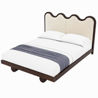 Tête de lit festonnée rembourrée avec cadre aspect bois foncé, couture verticale centrale et poteaux d'angle cylindriques