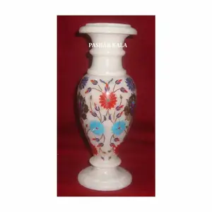 Pure White Marble Inlaid Flower Pot With Fine Finishing And Glossy Solid Surface For Home Decoration Purpose In Very Good Cost