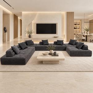 Divano Componibile a U Moderno e Lussuoso, Seduta Profonda in Tessuto Grigio <span class=keywords><strong>Scuro</strong></span> per Ampio Soggiorno di Villa - Product Image 4
