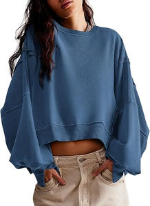Women's <b>Winter</b> Crop Sweatshirt Casual Long Sleeve Button O Neck Pullover Loose Fit 100% Cotton Customizable <b>Tops</b> - Product Image 3
