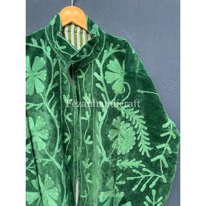 Chaqueta de Terciopelo Bordada Verde Oliva, Chaqueta Suzani Hecha a Mano con Forro Interior de Algodón, Chaqueta de Fiesta Estilo Bohemio para Mujer - Product Image 2