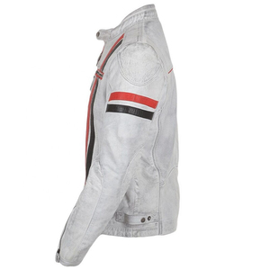Veste en cuir de vache véritable de haute qualité pour homme, rayures sur le devant et les manches, veste de motard blanche cirée - Product Image 2