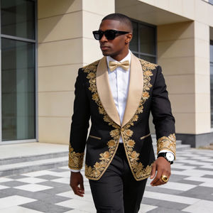 Traje de Etiqueta Negro para Hombre con Solapa Dorada Champán y Bordado Dorado Intenso - Product Image 1