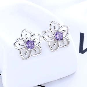 Orecchini Trendy in Argento Sterling a Fiore Aperto con Conchiglia e Diamante, Stili a Perno, Pendenti e a Cerchio in Oro Rosa, Gioielli Carini - Product Image 2