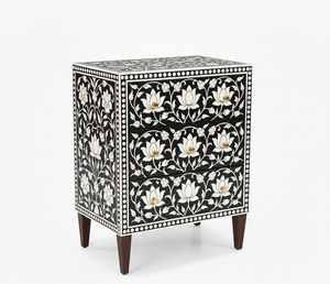 Table de chevet en bois massif avec incrustations d'os artisanales et motif floral, meuble de rangement de luxe pour la chambre à coucher - Product Image 1