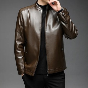 Hombres Otoño Invierno Negro Faux Fur Abrigo de cuero real de gran tamaño de manga larga con cremallera Stand Collar Chaqueta gruesa - Product Image 3