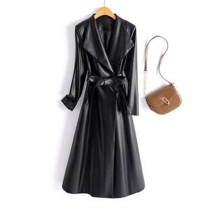 2025 nouvelles femmes en cuir véritable Trench Coat longue coupe ajustée veste avec grand revers à la mode en cuir PU veste coton remplissage - Product Image 3