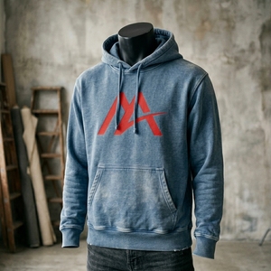 Sudadera con capucha de felpa azul lavado para hombre, con logo personalizado, estilo urbano, bolsillo canguro, venta al por mayor, OEM, ODM, ropa superior - Product Image 3