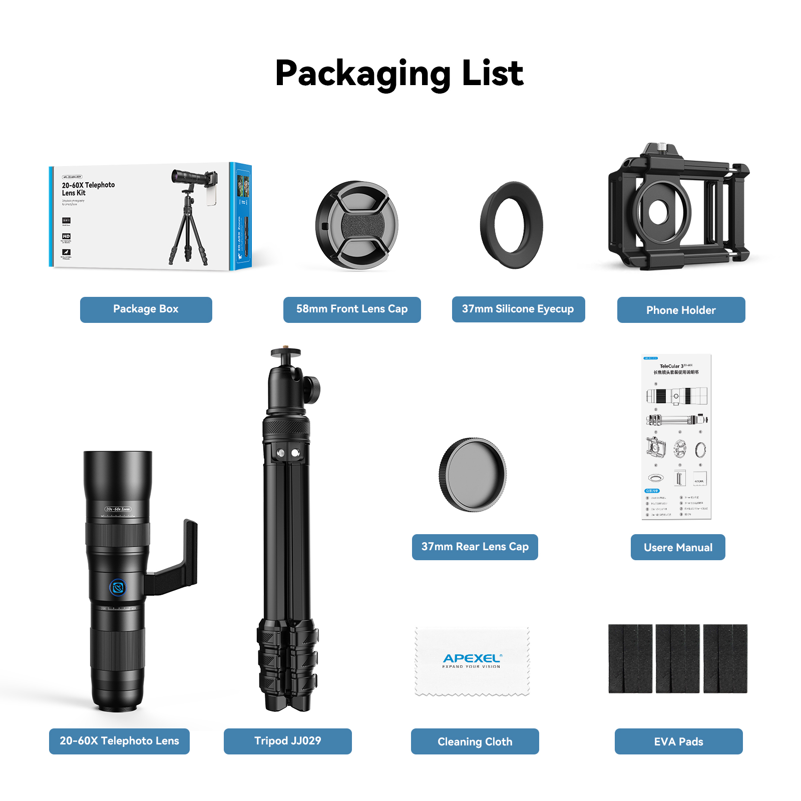 APEXEL 20X-60X Zoom Lens Kit for Smartphones HD Super Telephoto