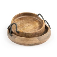 Plateau de service ottoman rond en bois d'acacia et en fer de haute qualité personnalisé avec poignées pour la décoration de table et le service des aliments
