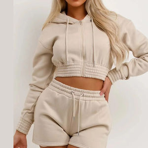 Ensemble veste short en coton 2 pièces de la meilleure qualité pour femme, sweat à capuche court à fermeture éclair, polaire à séchage rapide unisexe - Product Image 3