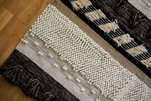 Handwoven Striped Cotton <b>Rug</b> Brown Black Blend Shaggy Pile with Fringe Boho Style for Natural and <b>Rustic</b> Home Decor - Product Image 3