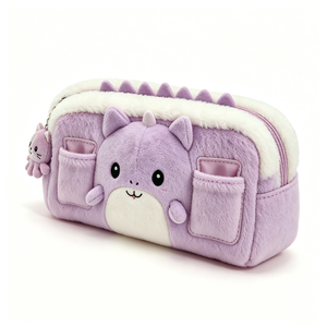 Customized purple dinosaur plush pencil case,Cute dinosaur plush pencil pouch with charm, <b>Large</b> capacity fluffy dinosaur - Product Image 3