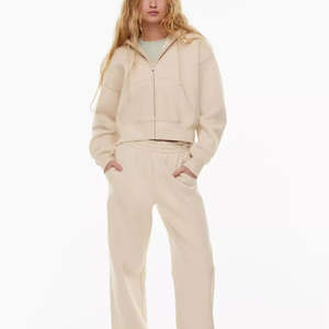 Nouveautés, ensembles de survêtement pour femmes, 100% coton, molleton lourd, respirant, manches longues à capuche, pantalon évasé, motif uni - Product Image 3