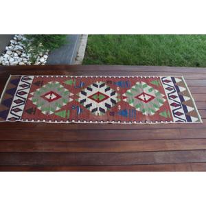 Turkish Vintage Rug, 1.7x5.7 ft Kilim Rug, <b>Red</b> Blue Abstract <b>Wool</b> Rug - Product Image 3