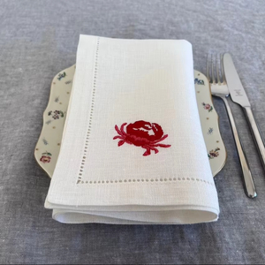 Servilletas de cena de lino Hemstitch bordadas con animales marinos-langosta cangrejo pez estrella de mar para uso doméstico - Product Image 1