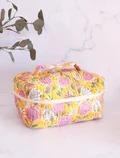 Pochette de toilette vintage en coton imprimé floral jaune, écologique, résistante à l'eau, durable, pour le voyage, avec fermeture éclair